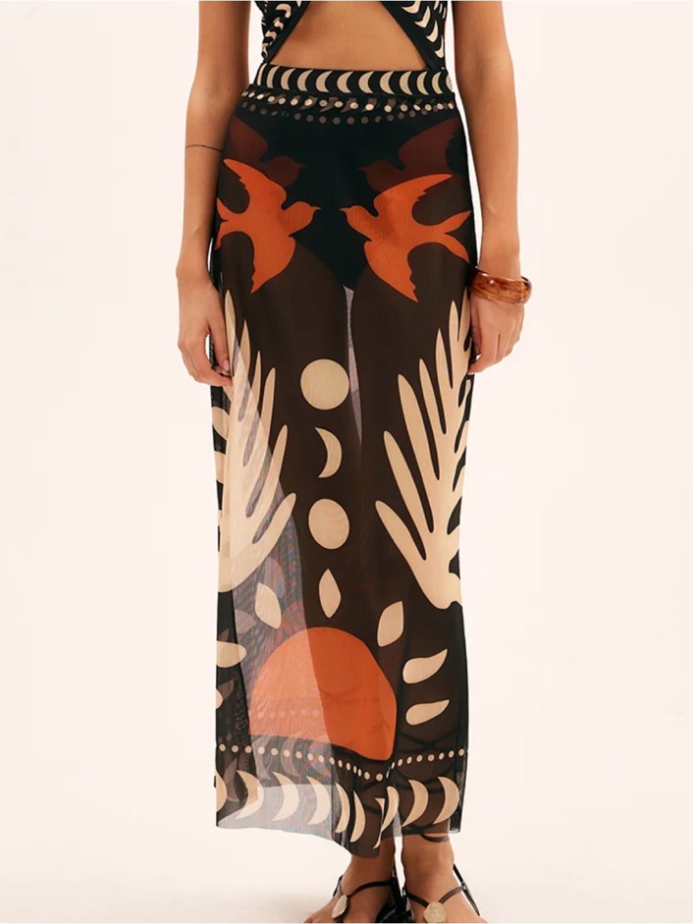 Commense Bird Print Mesh Cover Up Boho Colorblock Maxi Skirt